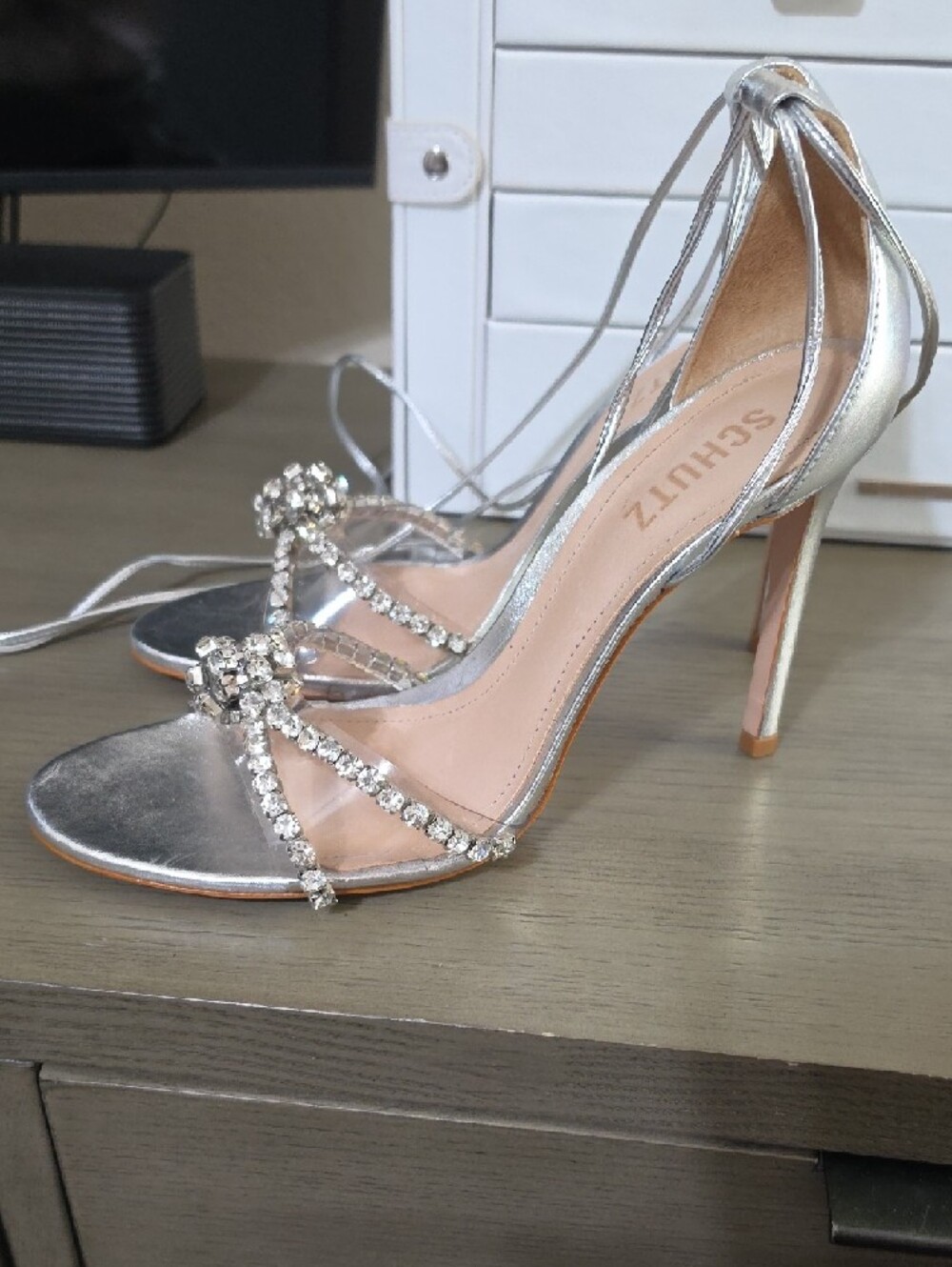 SCHUTZ Silver Crystal-Strap Lace-Up Stiletto Sandals - Picture 3 of 3